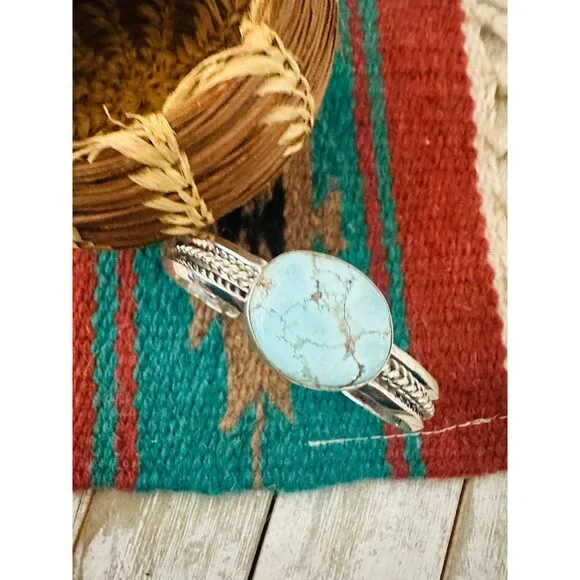 Navajo Sterling Silver & Golden Hills Turquoise Cuff Bracelet - Picture 4 of 6